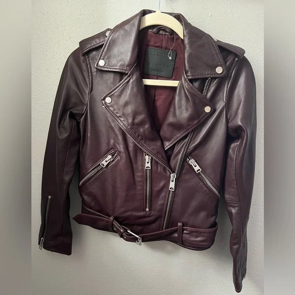 New AllSaints Balfern Leather Biker Jacket in Deep Berry Burgundy Womens’ Size 0
